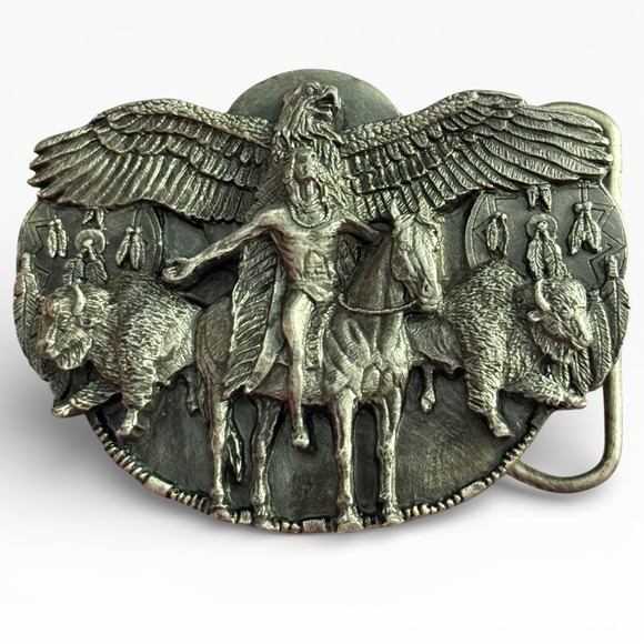 Vintage 1988 Siskiyou Buckle Co Eagle Buffalo Warrior Pewter Belt Buckle USA - Picture 4 of 5
